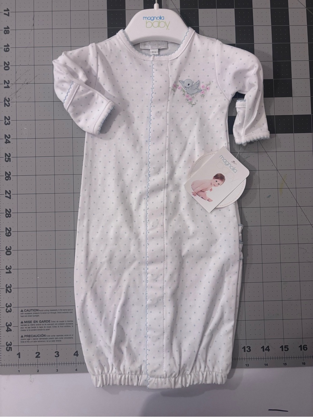 Magnolia Baby White Sleep Sack with Light Blue Dot & Embroidered Bird